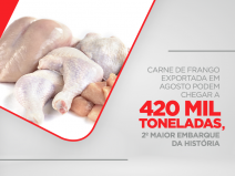 Carne de frango exportada em agosto podem chegar a 420 mil toneladas, 2º maior embarque da história